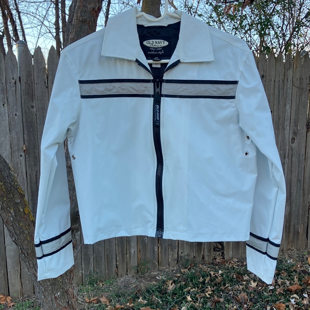 90s Vintage Old Navy White Cropped Rain Jacket with Black and Reflective Accents